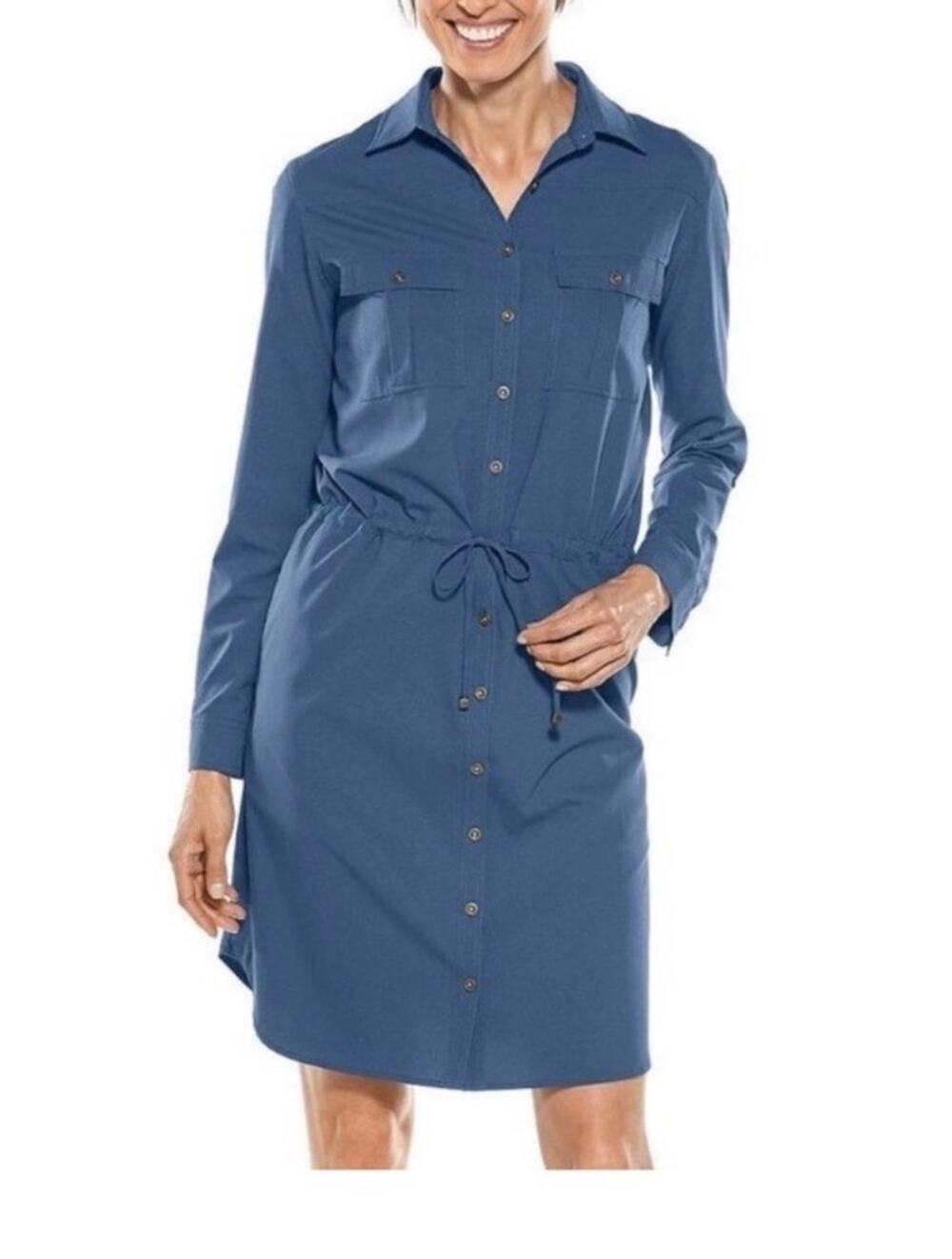 Coolibar 50+ UPF Sun Protection Napa Travel Dress Shirt Blue Large Button Down